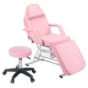 DUOSONG Massage Salon Tattoo Chair With Two Trays Esthetician Bed With Hydraulic Stool,Multi-Purpose 3-Section Facial Bed Table, Adjustable Beauty Barber Spa Beauty Equipment, Pink Pink Metal